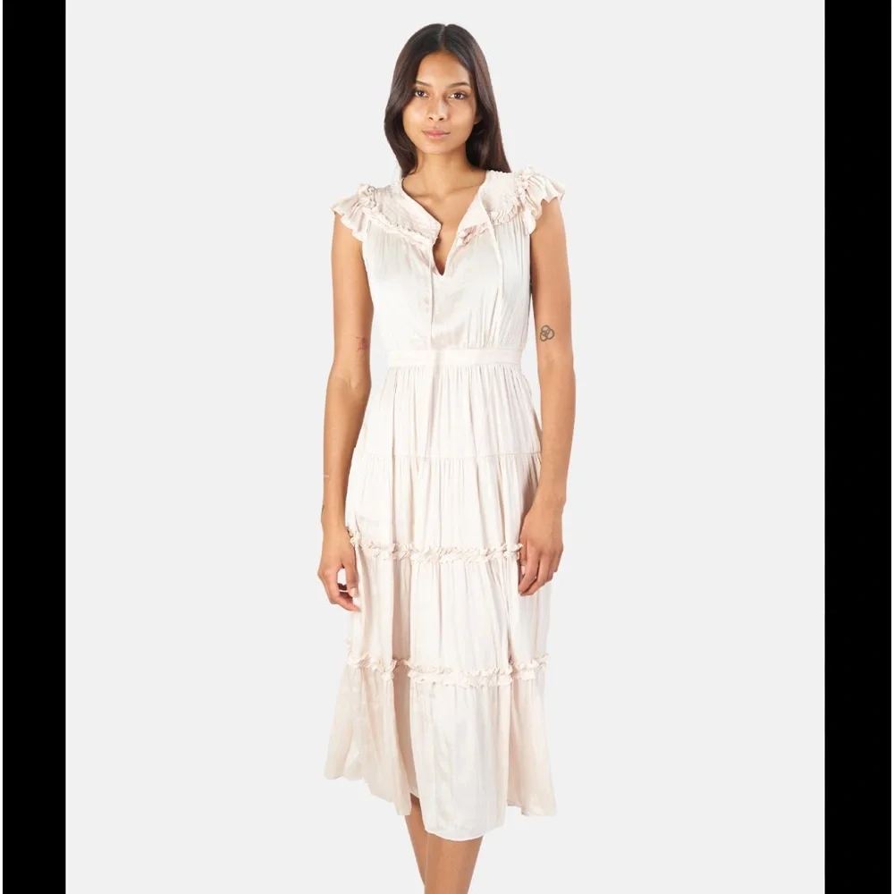 LoveShackFancy Josiah Champagne Silky Maxi Dress Ruffle Boho New 4